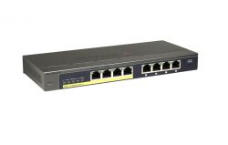 GS108PE-100EUS, NETGEAR 8-port 10/100/1000 Mbps (including 4 PoE) ProSafe Plus switch with external power supply and Green features, managed via GUI, PoE budget up to 45W
